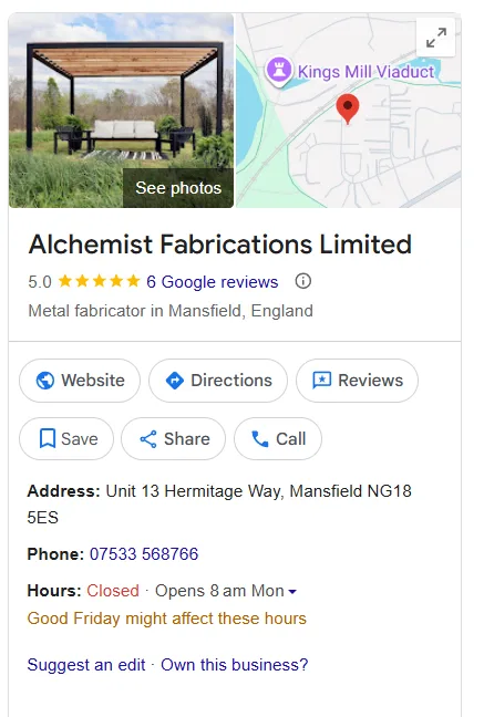 Alchemist Fabrications Google listing showing strong local search presence