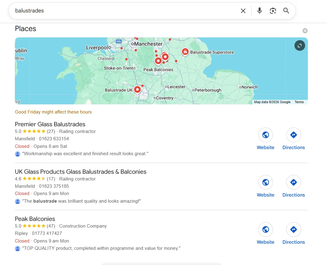 Google Maps listing showing Premier Glass Balustrades as the top local business result