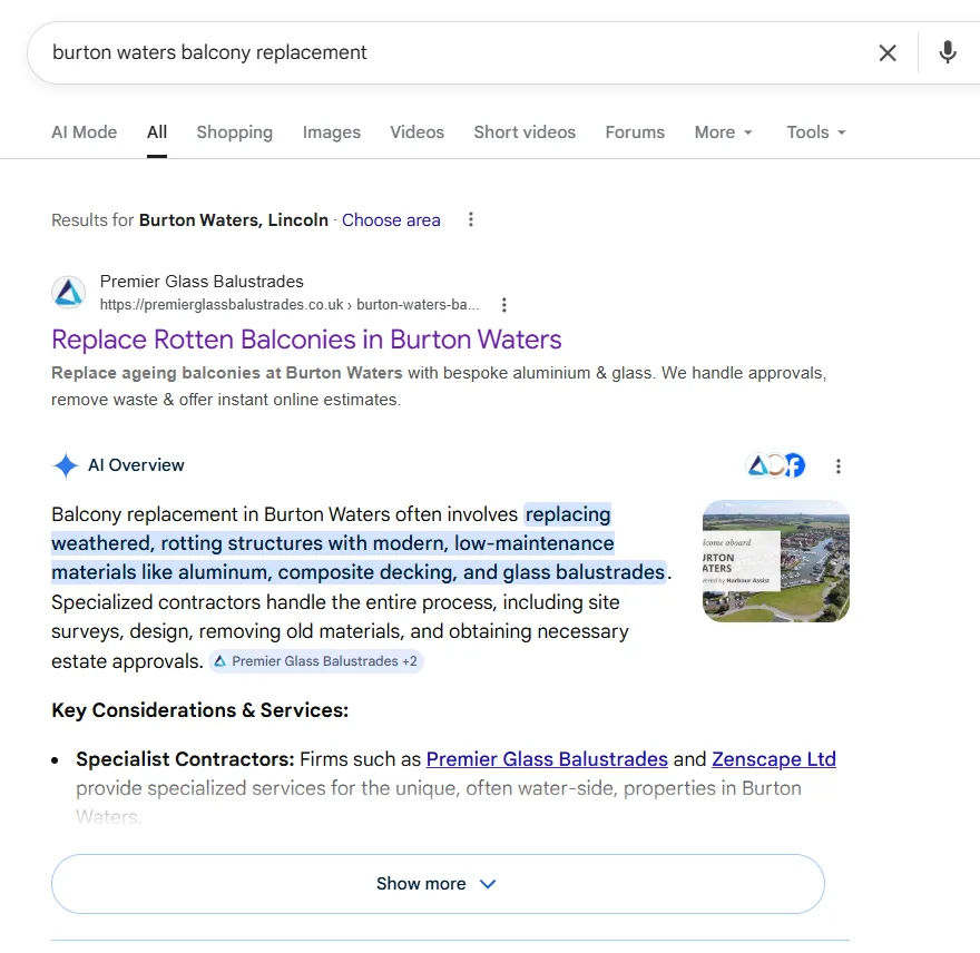 Google results page for Burton Waters balcony replacement with Premier Glass Balustrades ranking on page one and AI Overview