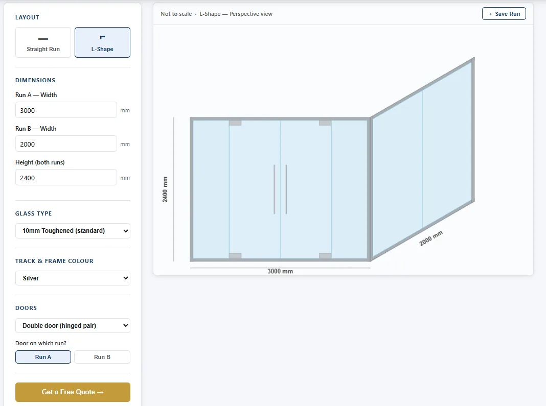 L-shape glass balustrade quote calculator with dimensions, double doors, and configuration preview