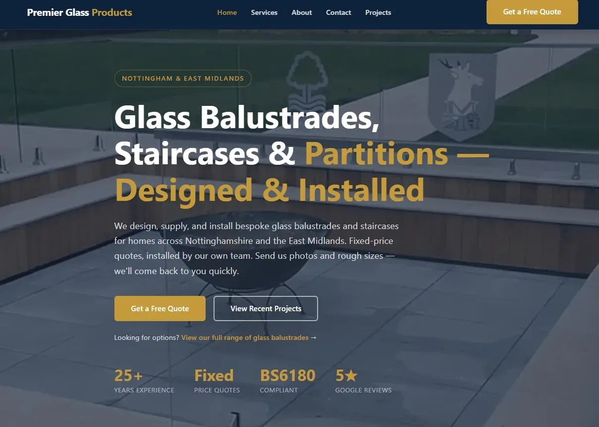 Premier Glass Balustrades homepage showcasing glass balustrade and balcony services
